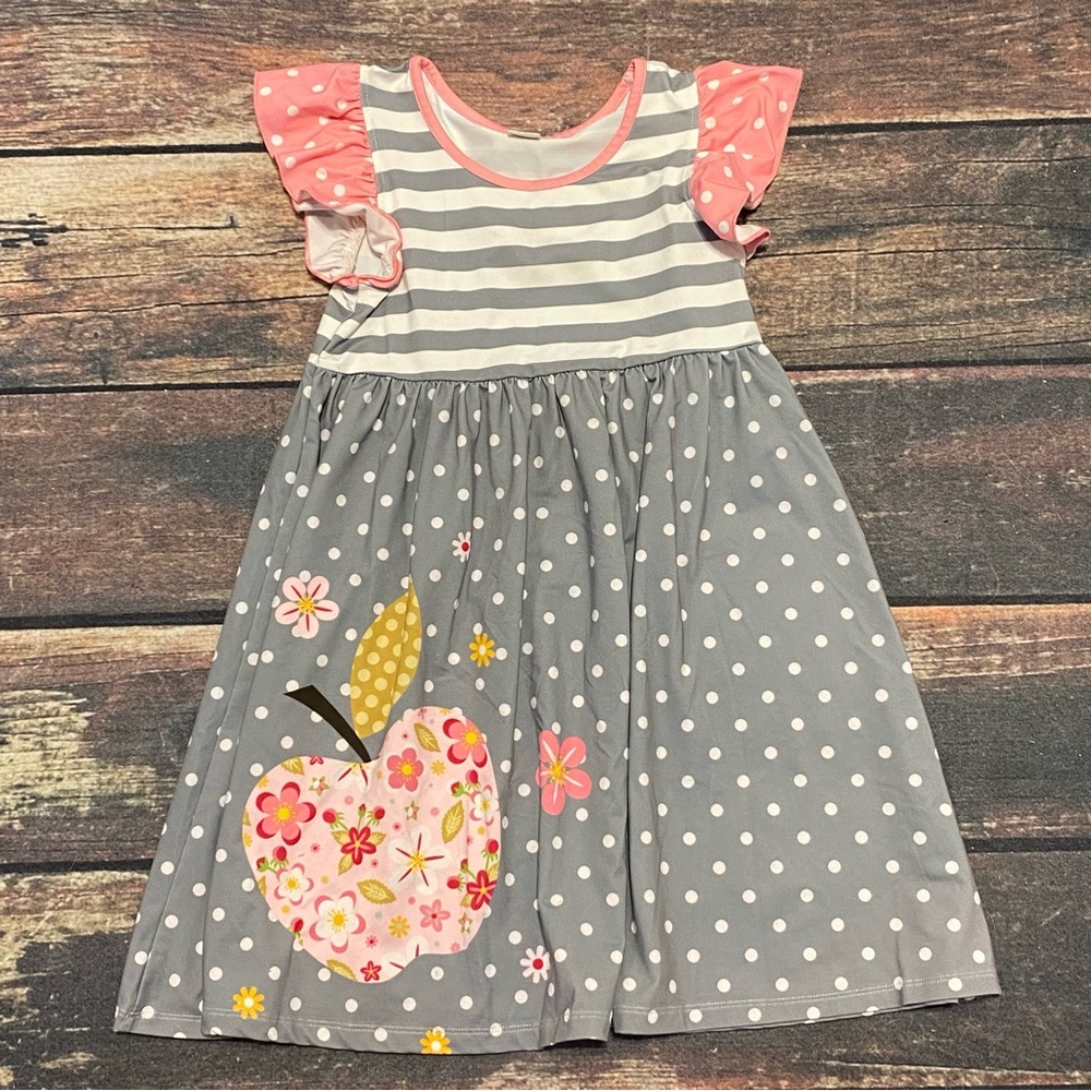 Gray & Pink Polka Dot Print with Apple Girls' Dress Size 8